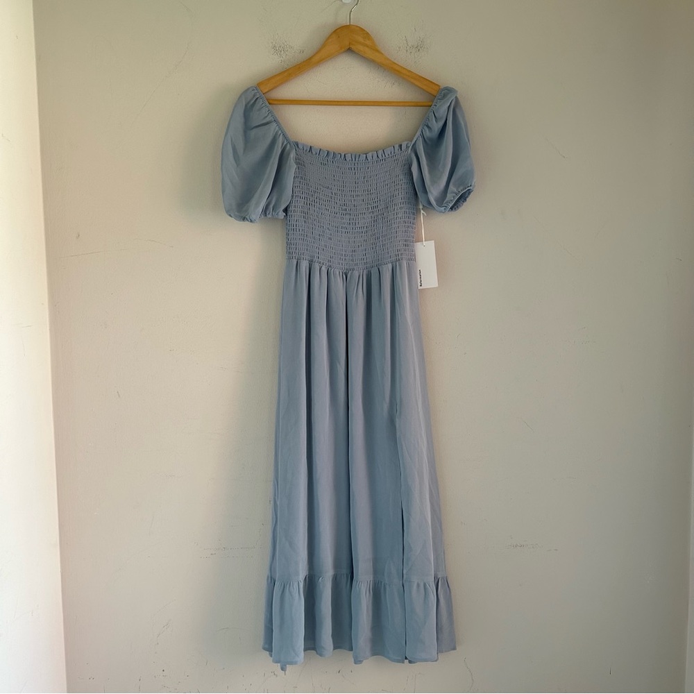 NWT Reformation Meadow Smocked Light Blue Midi Dress with Slit - Picture 4 of 10